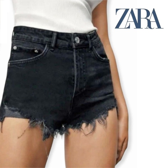 Zara Factory Distressed Shorts 5-Pocket Denim Dungaree Black High-Rise Branded - Picture 10 of 12